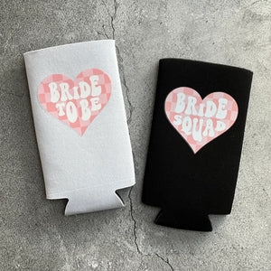 Retro Bride to Be and Bride Squad Checkered Heart Bachelorette Party Slim Seltzer Can Coolers