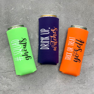 Drink Up Witches Squad Ghouls Trick or Treat Yo’self Halloween Party Favor Slim Can Coolers