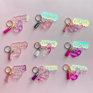 Custom Iridescent Acrylic Mom Keychain with Kids' Names and Tassel